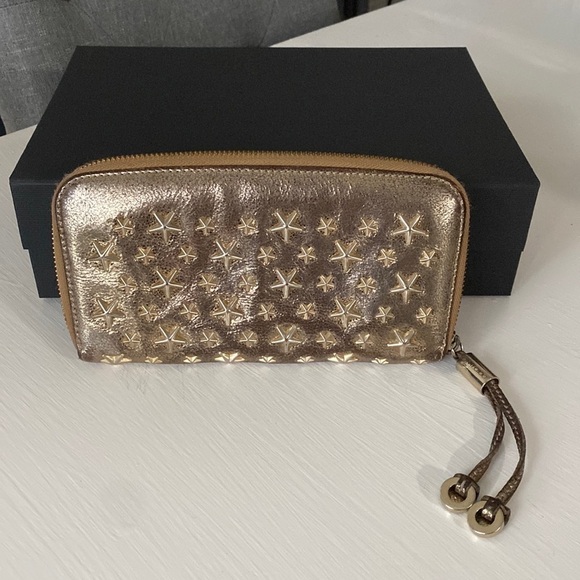 JIMMY CHOO FILIPA Gold Metallic Star Studded Spike Zip Around Wallet with Box - Picture 1 of 17